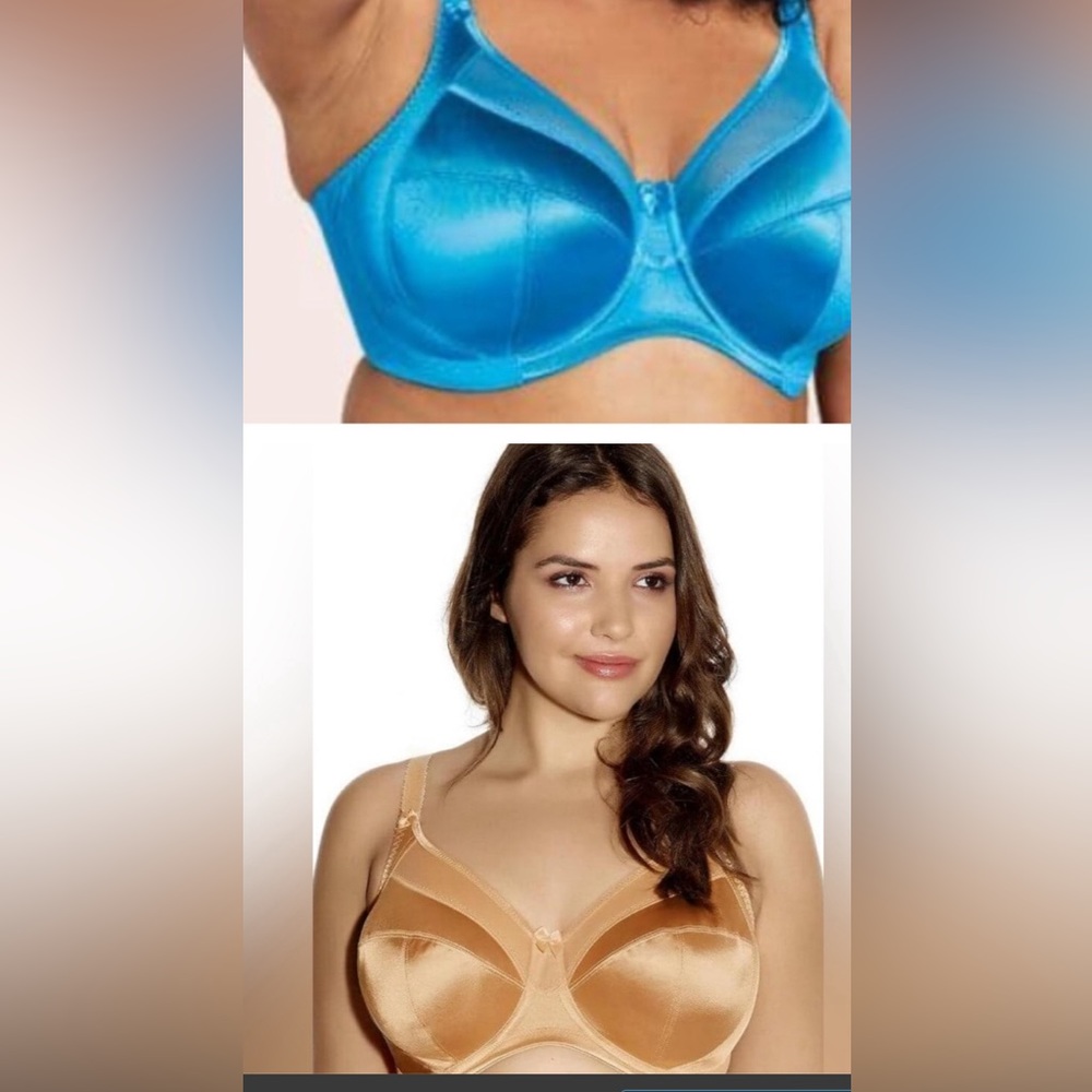 Pair of Goddess Keira Underwired Banded Bra - Nude and Turquoise.